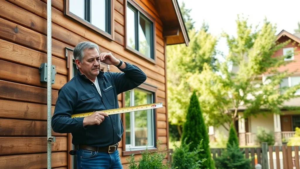 A professional real estate appraiser measuring a wooden resi