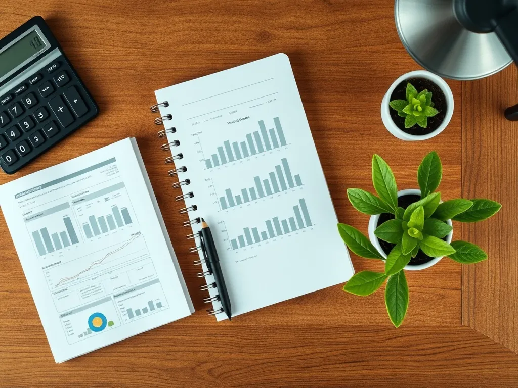 A clean wooden desk with a calculator, a notebook with finan
