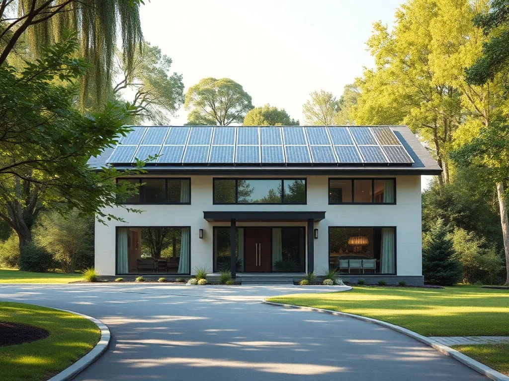 A modern sustainable house with solar panels on the roof and